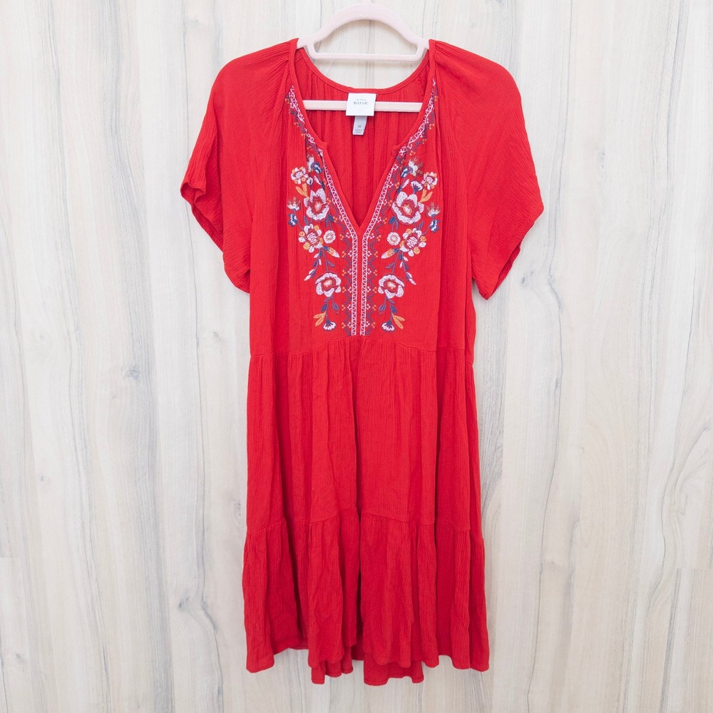 Knox Rose Floral Embroidered Tiered Mini Dress M Red Short Sleeve Boho Peasant